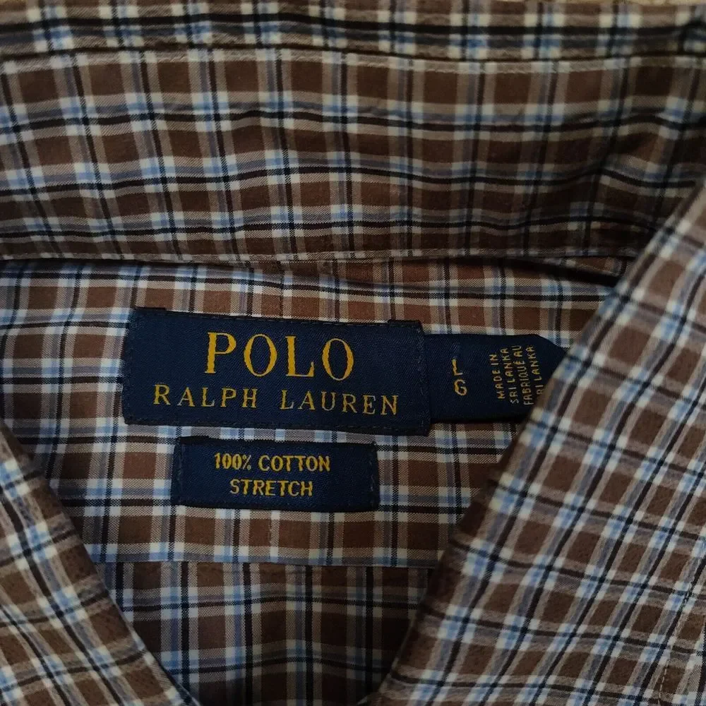 Polo Ralph Lauren Men Sz L‎ Brown Plaid Stretch Long Sleeve Button Up Cotton